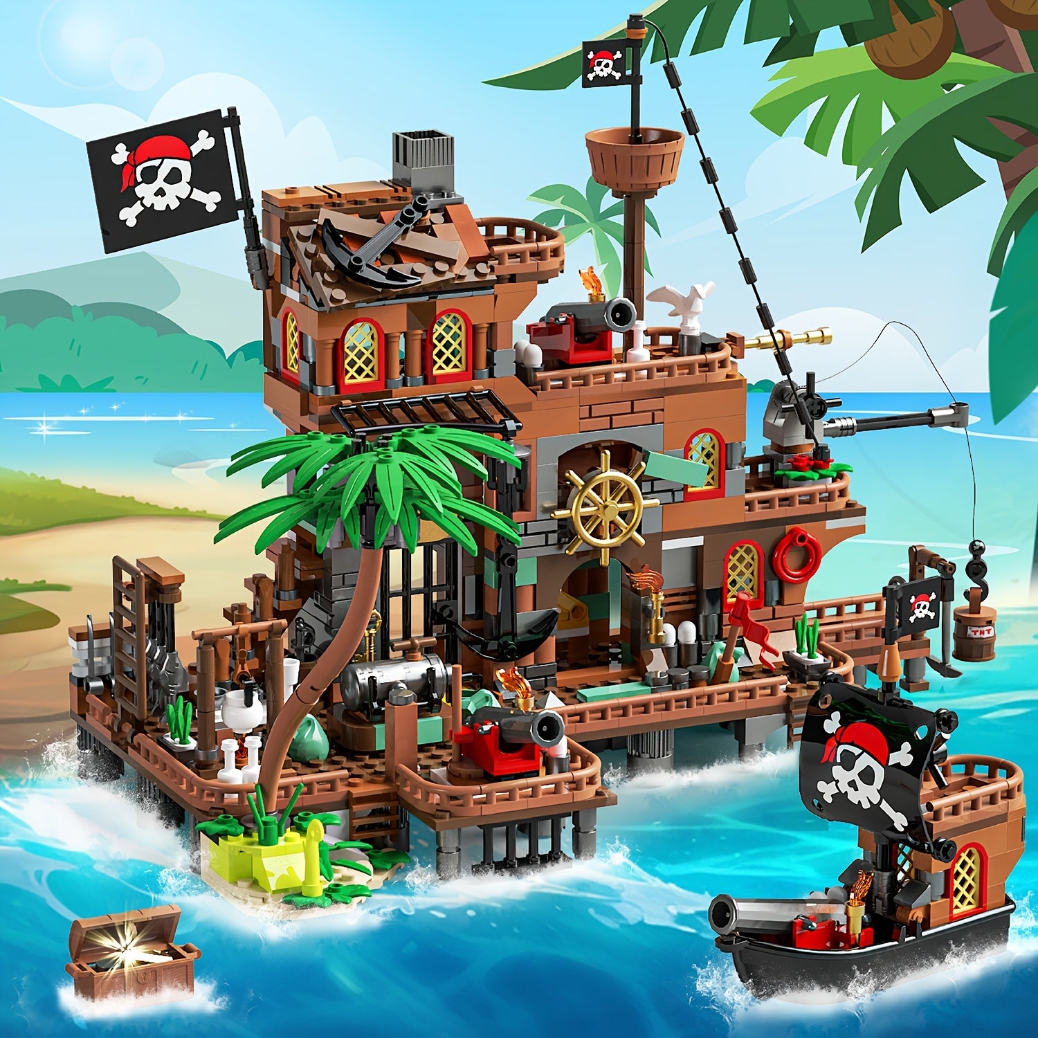 MESIONDY Pirate Building Set with Cannon, Sails & Chests