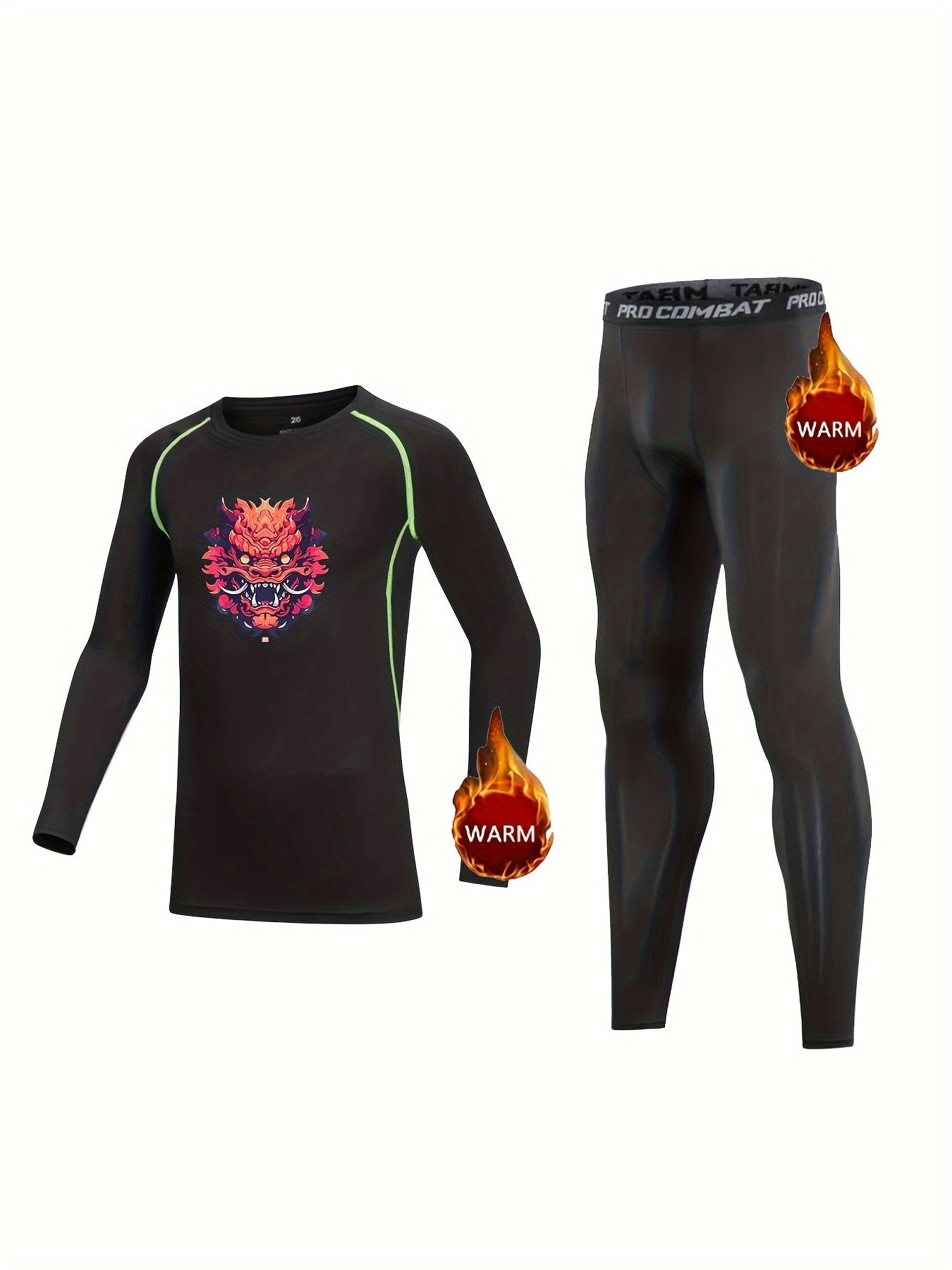 Kids Dragon Print Fleece Lined Base Set Compression Tops
