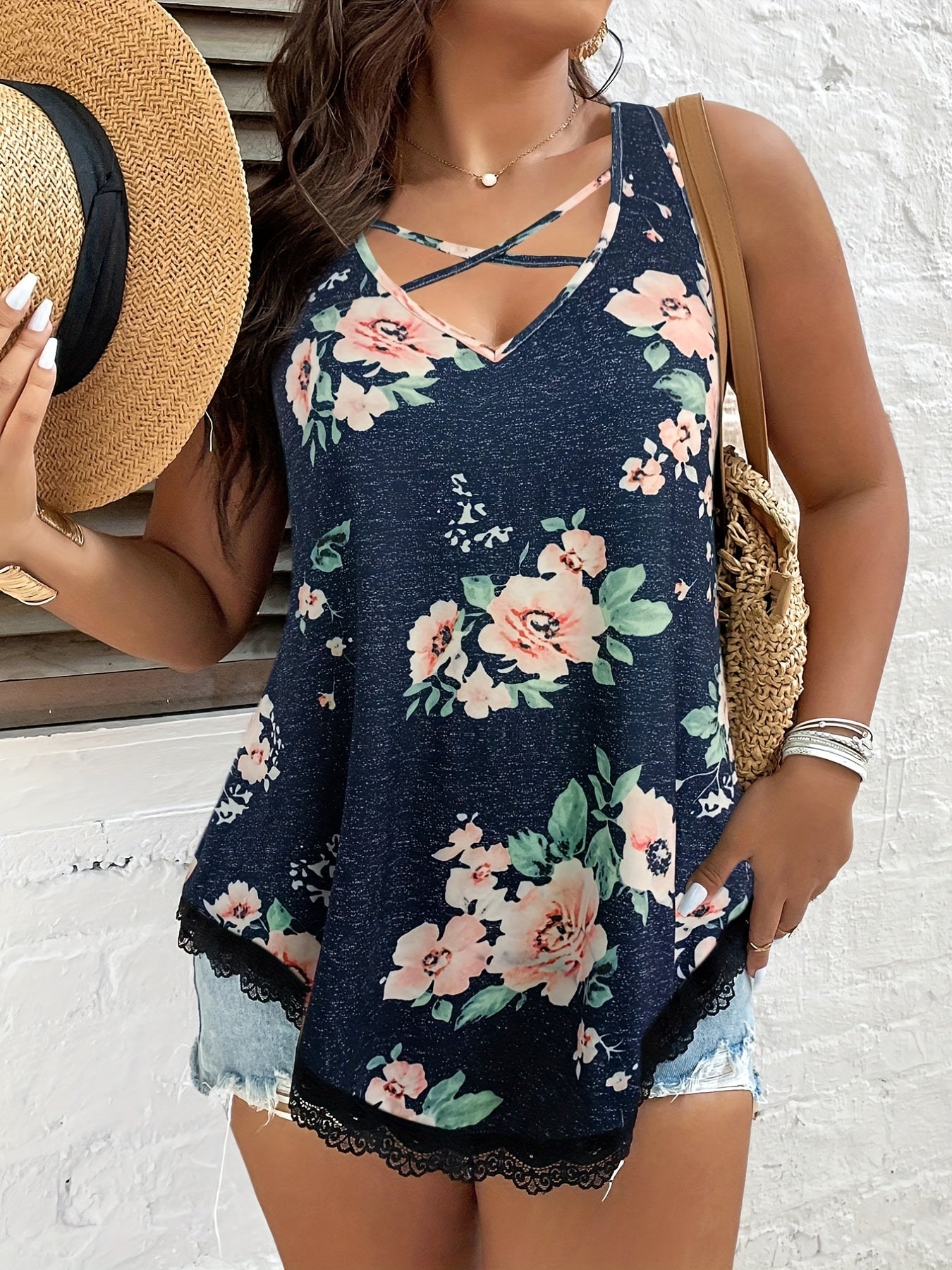  Floral Print V-Neck Lace Trim Tank Top