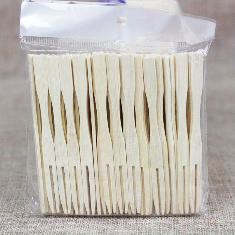 100 Pcs Bamboo Forks Mini Food Picks Double Prong Cocktail Dessert Fruit Picks
