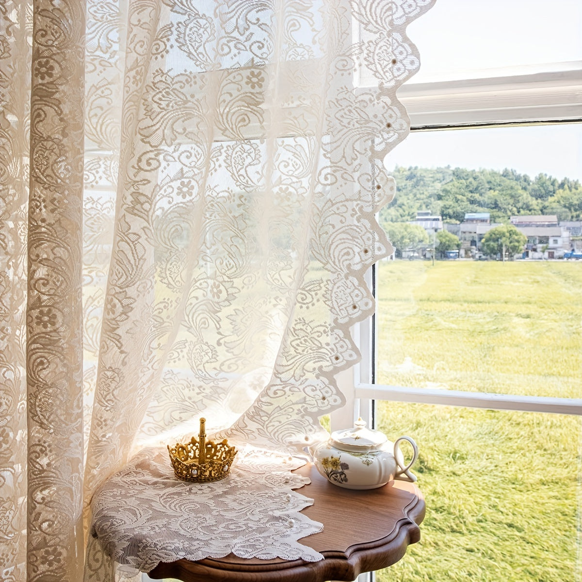 French Romantic Lace Sheer Curtain with Faux Pearl Detail
