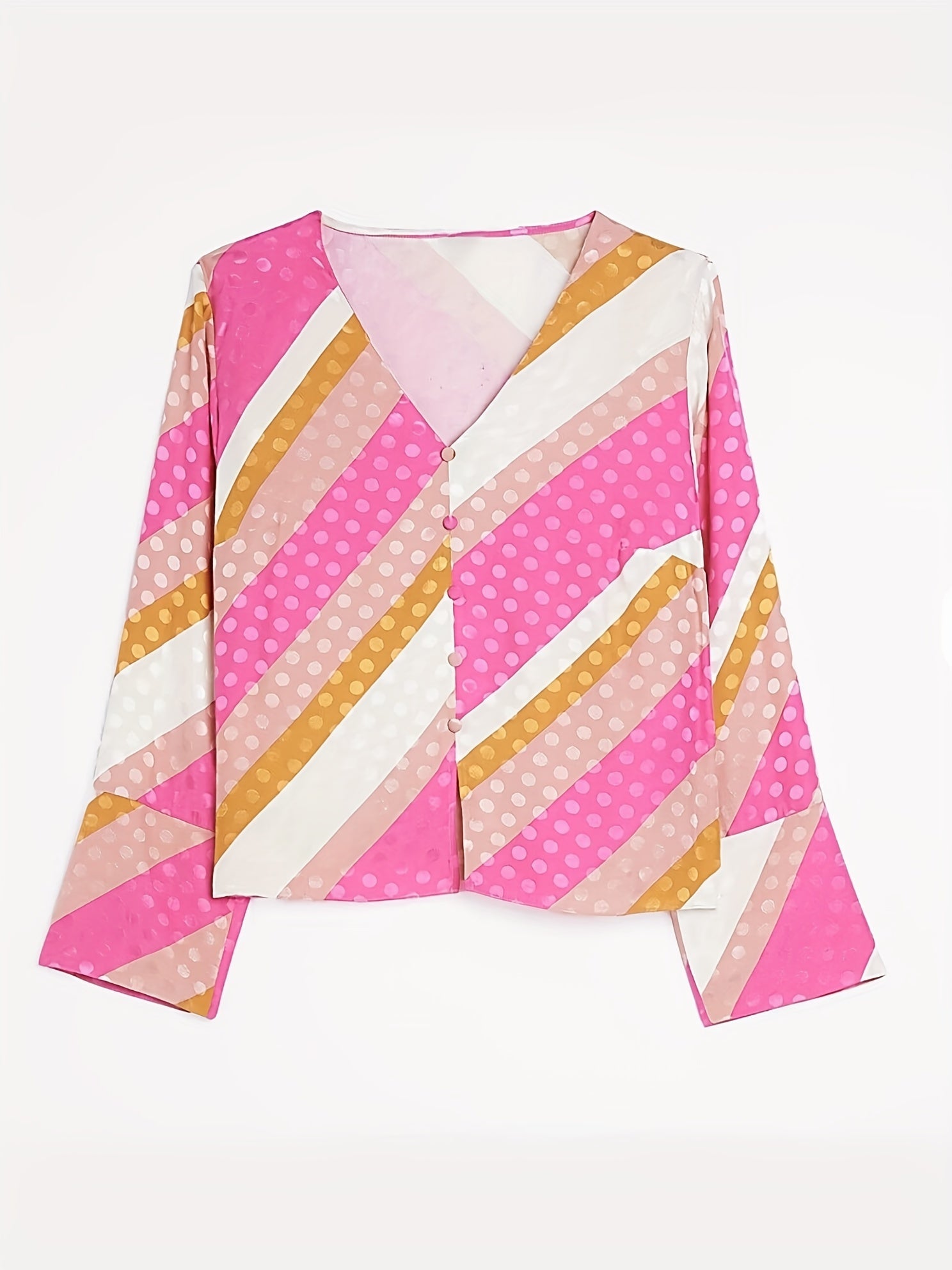  Polka Dot Striped Button Decor Long Sleeve Top & Pants Outfit Set