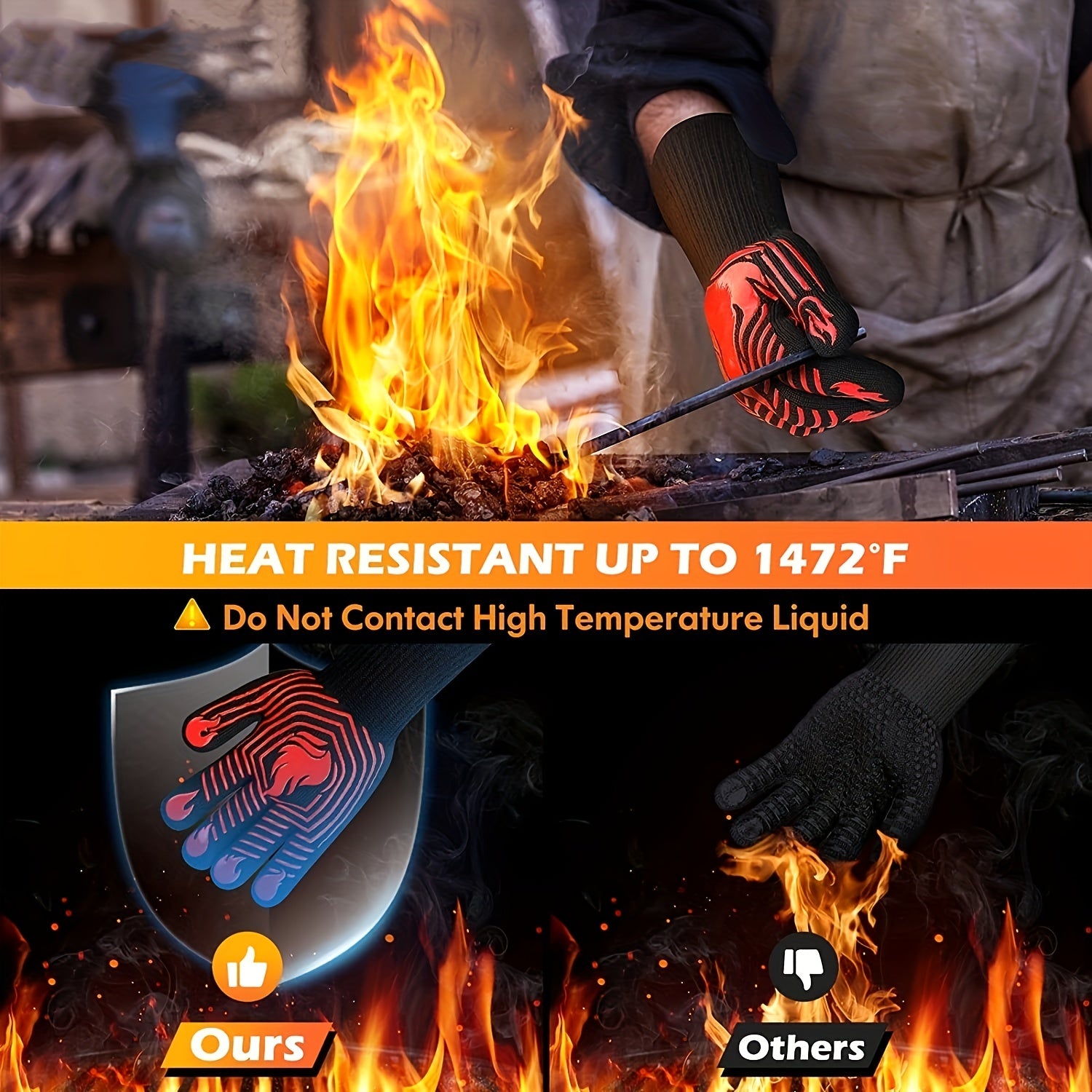 1pc Heat Resistant BBQ Gloves 1472 F Fireproof Mitts Silicone Non Slip Washable