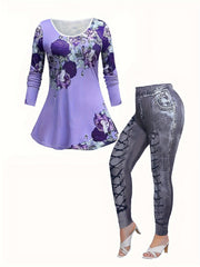  2 Piece Set Women's Floral Top & Denim Leggings Outfits