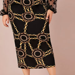  Chain Print High Rise Bodycon Midi Skirt