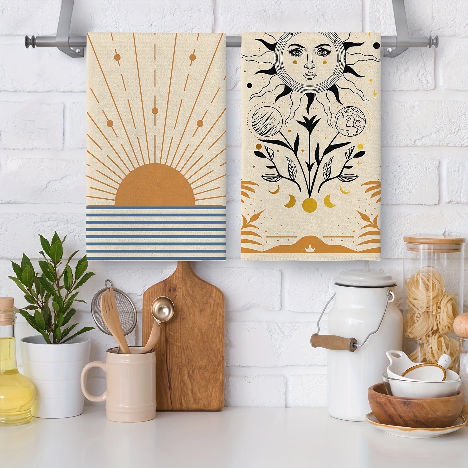 2pcs Sun Celestial Pattern Dish Cloth Hand Towels Soft Absorbent