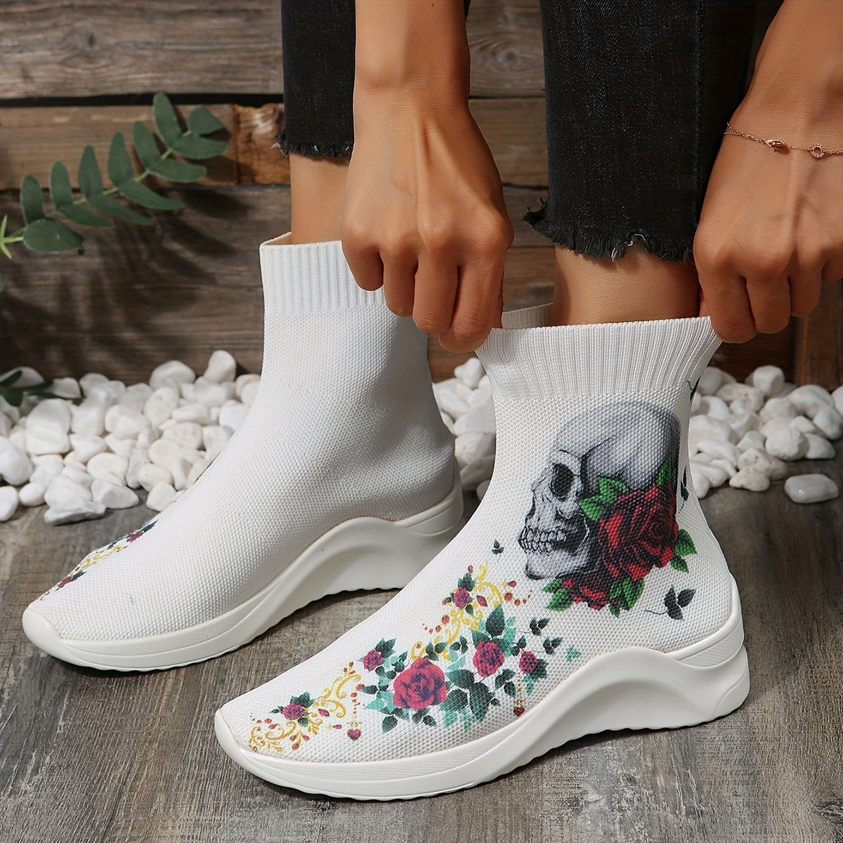 Women's Skull & Rose Print Sock Boots