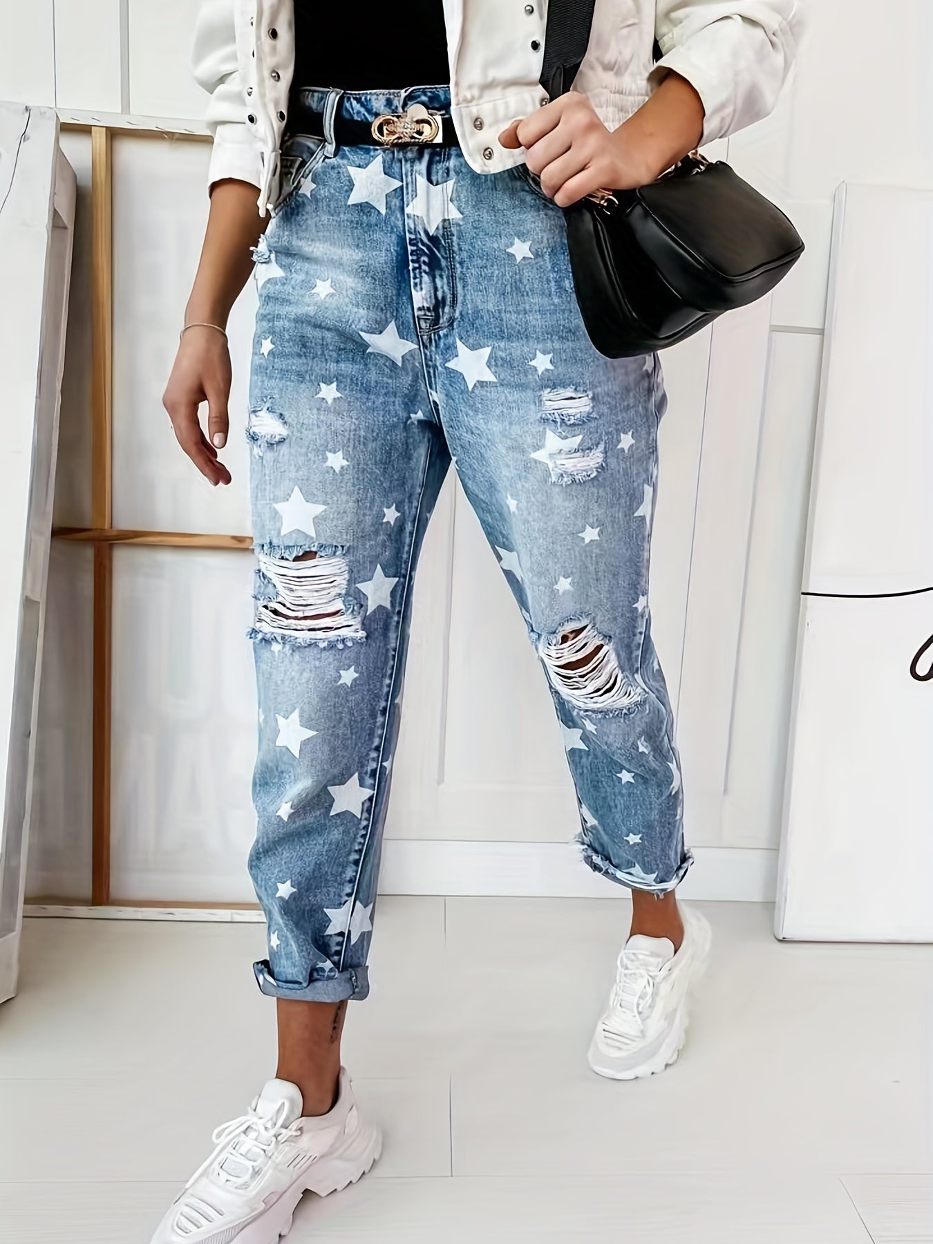  Star Print Ripped High Rise Tapered Leg Jeans