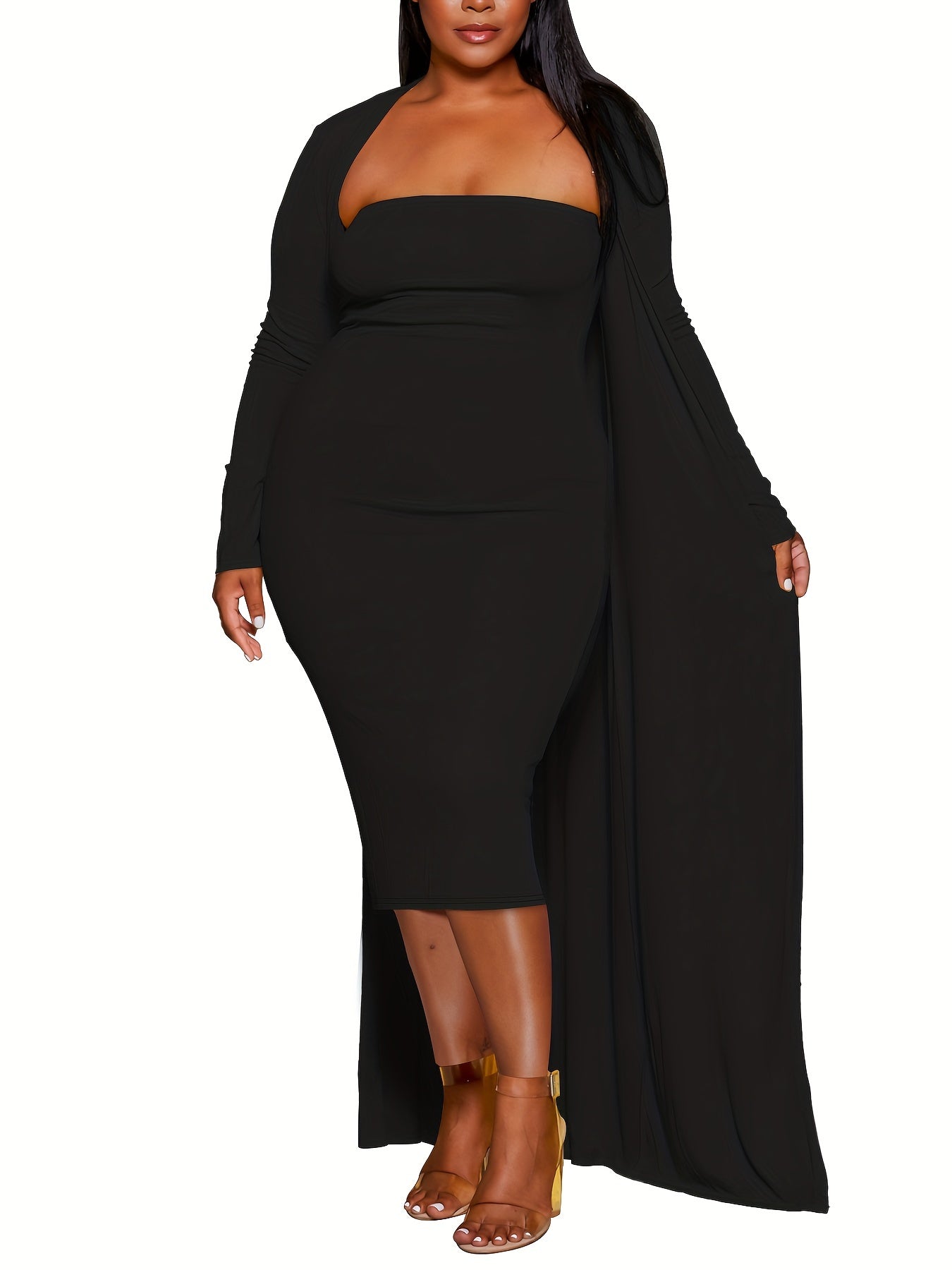  Sexy Outfits Set Solid Bodycon Tube Dress & Long Sleeve Cardigan Set
