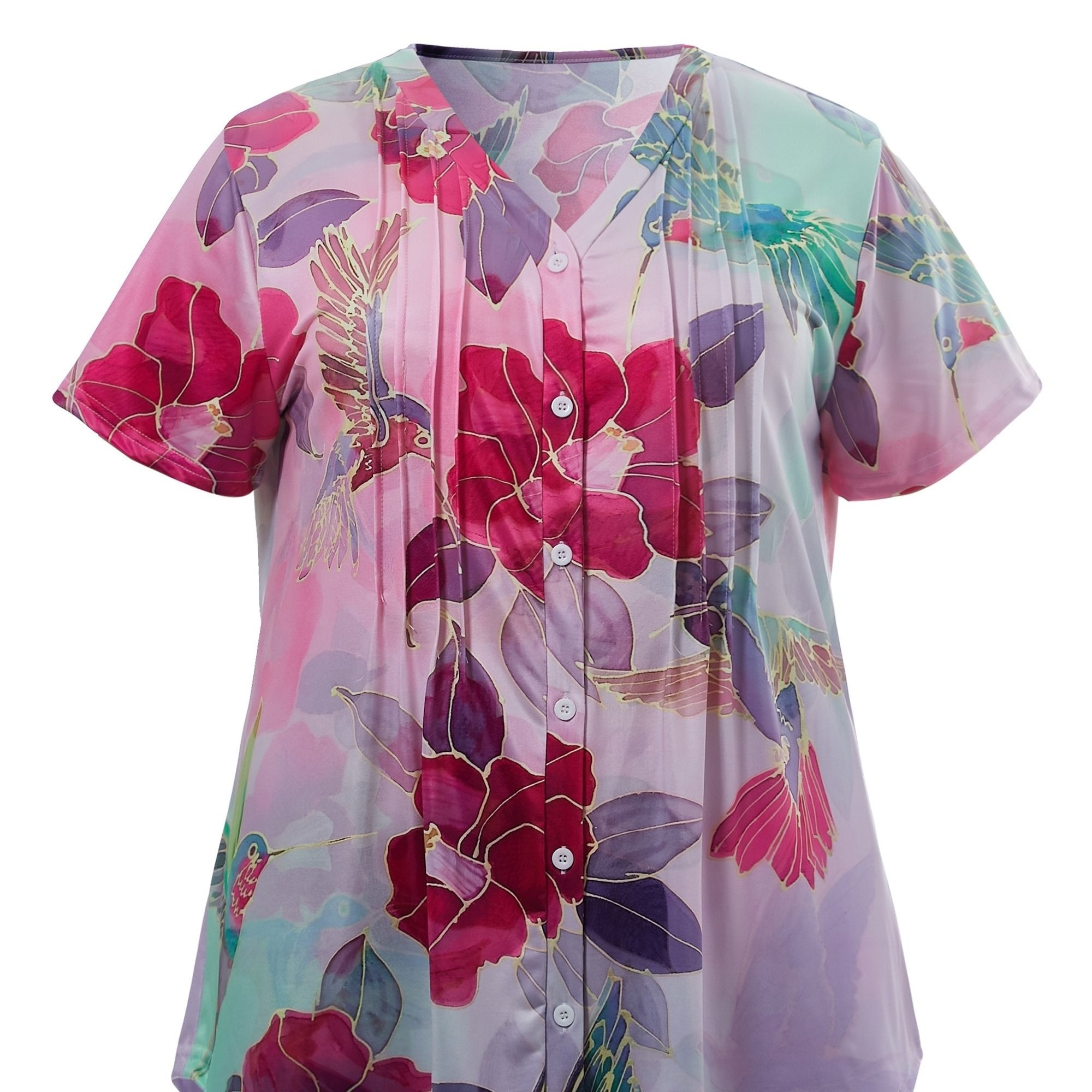  Floral Print Button Up V Neck Top