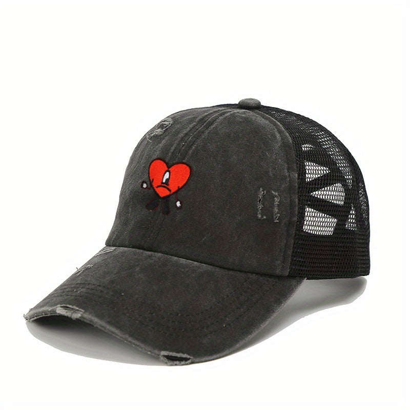 Heart Ripped Ponytail Baseball Cap Candy Washed Distressed Mesh Trucker Hat