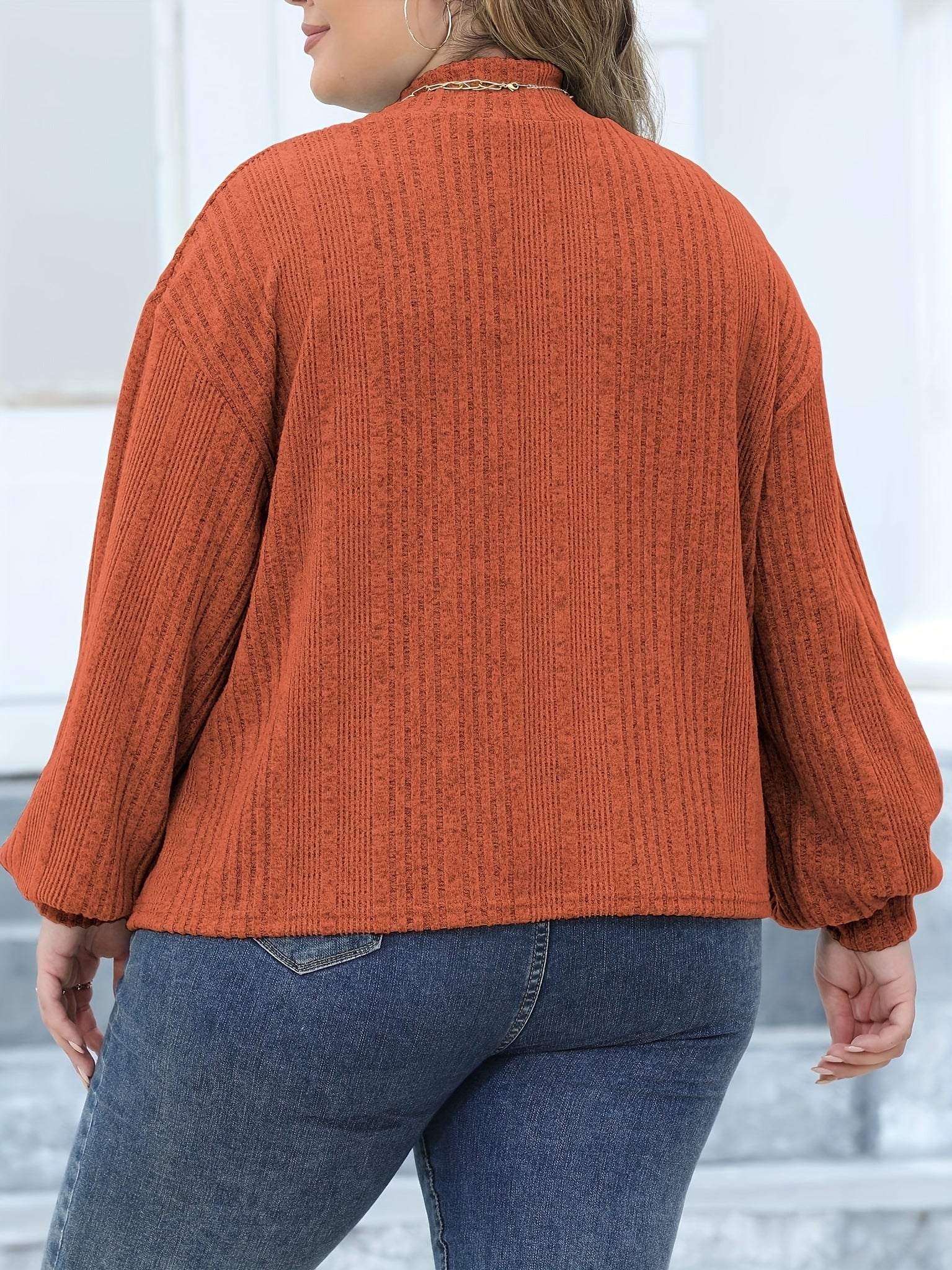  Casual Knit Top Solid Lantern Sleeve Round Neck Jumper