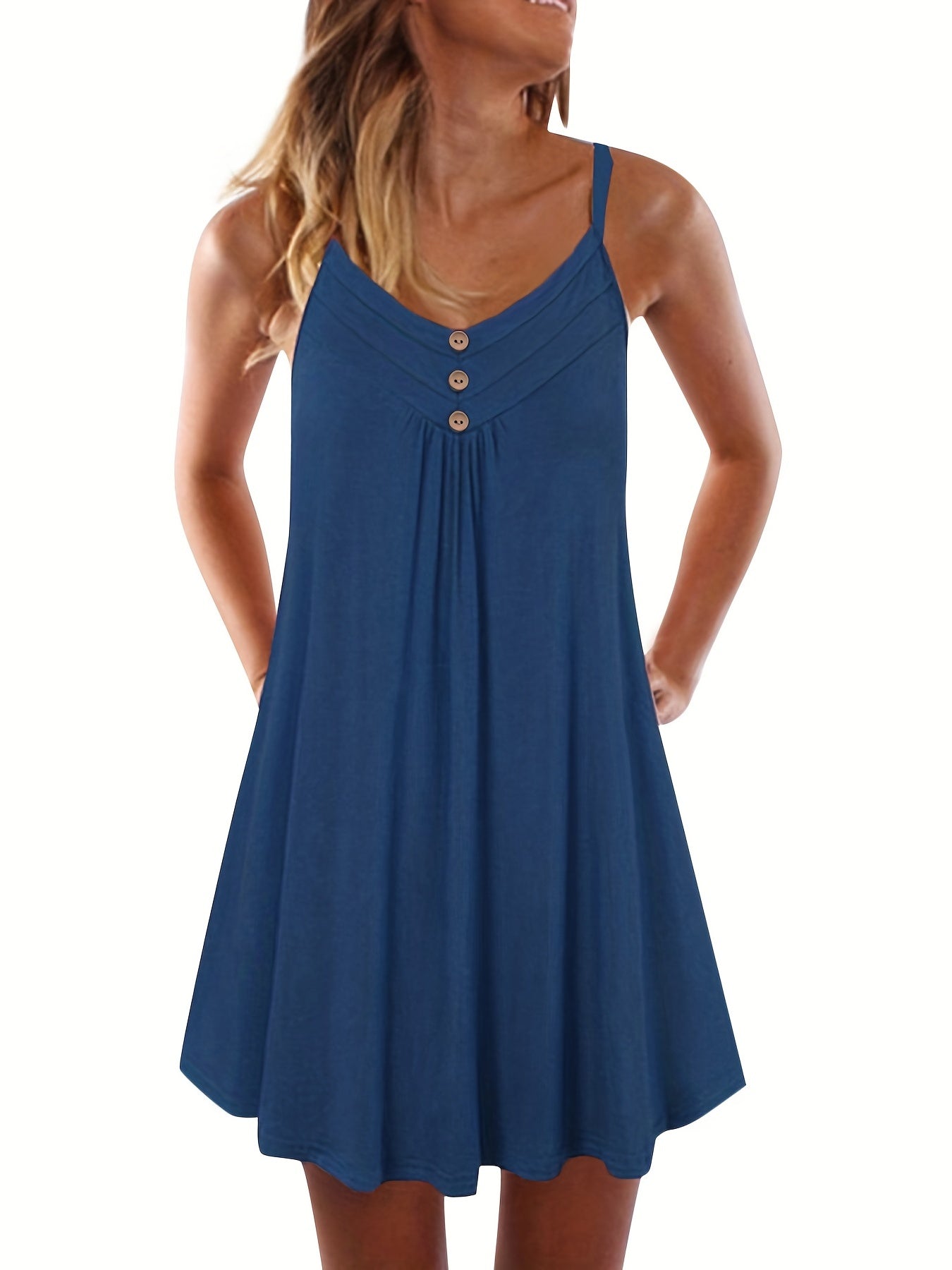  Solid Button Decor Ruched V Neck Midi Summer Dress
