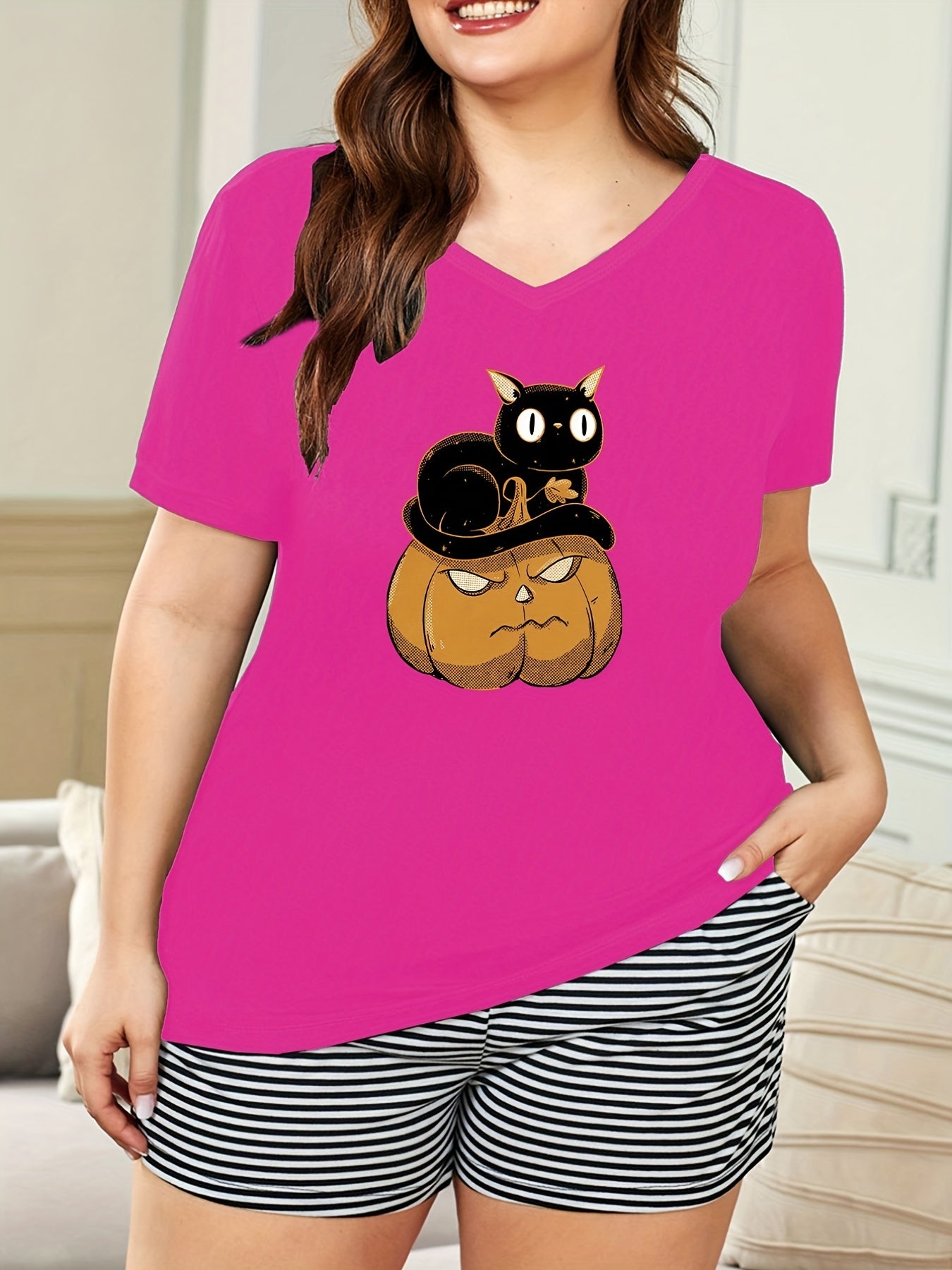  Halloween Lounge Top Women's Plus Cat & Pumpkin Print