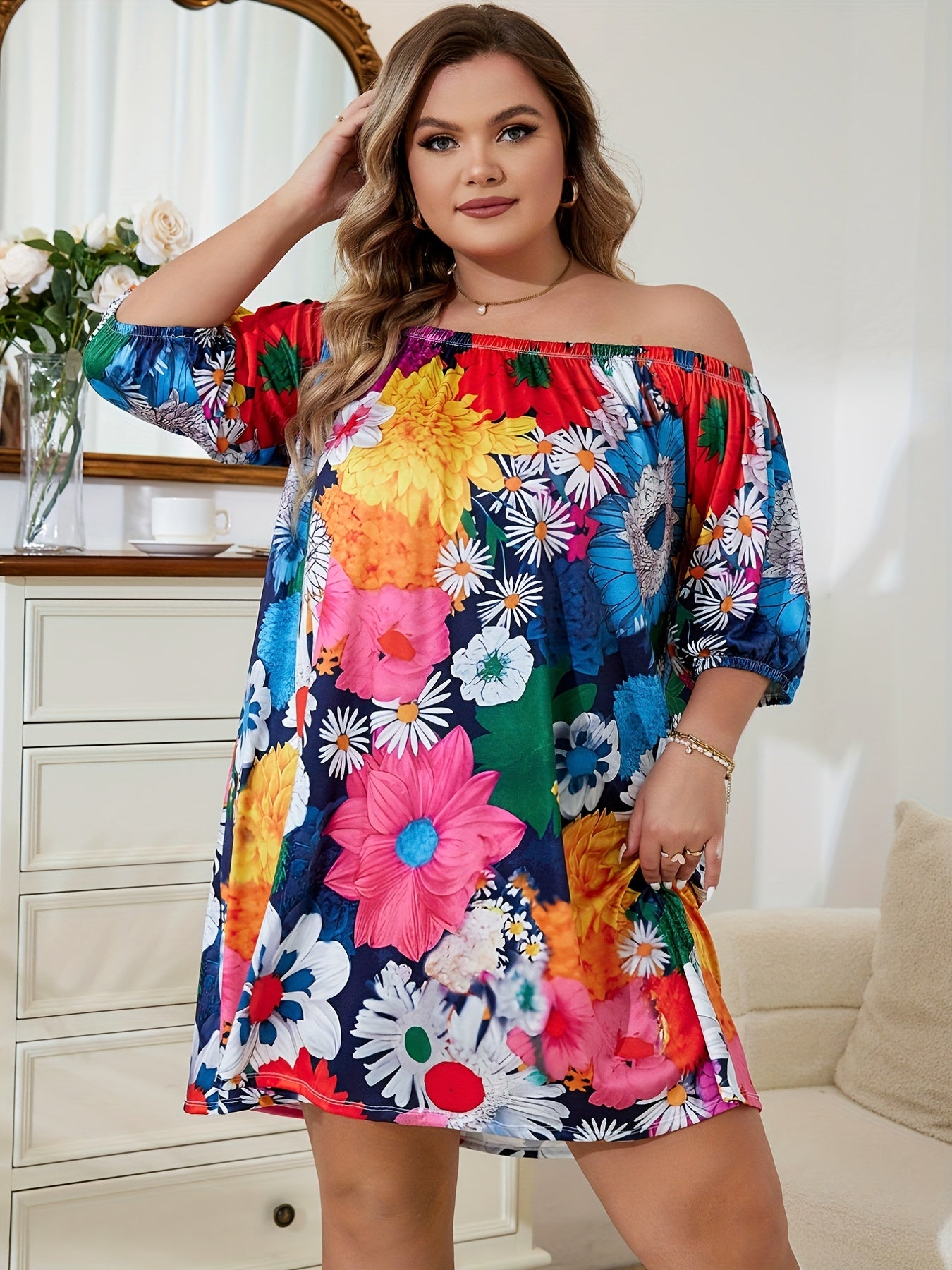 Floral Print Off Shoulder Puff Sleeve Plus Size Lounge Dress