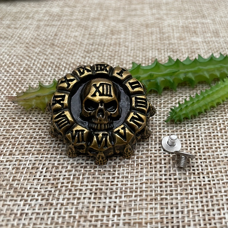 1pc Leather Carved Buckle Screw Coin Buckle Antique Golden Skull Buckle