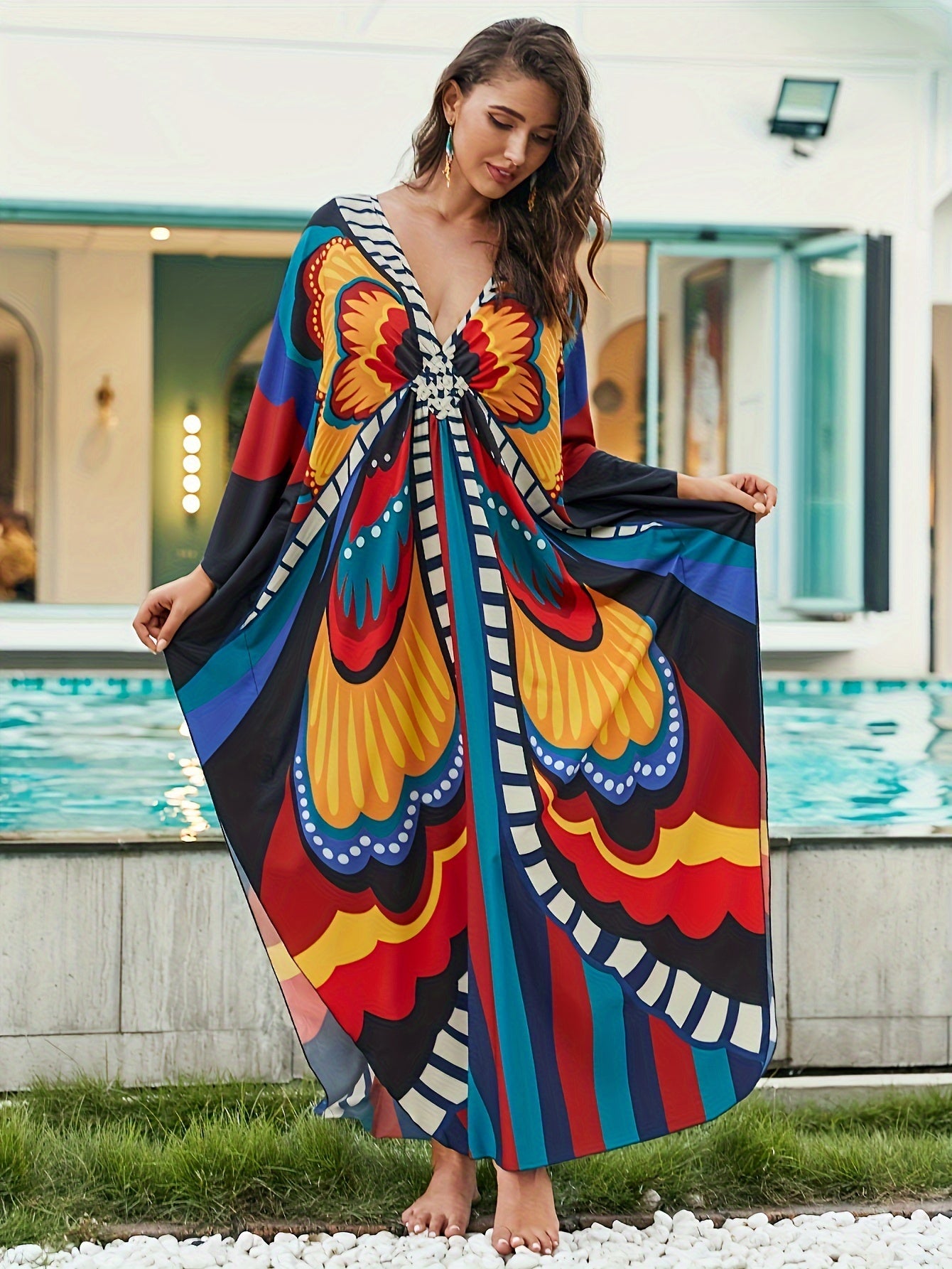  Boho Dress Women's Plus Allover Print Batwing Sleeve V Neck Side Split