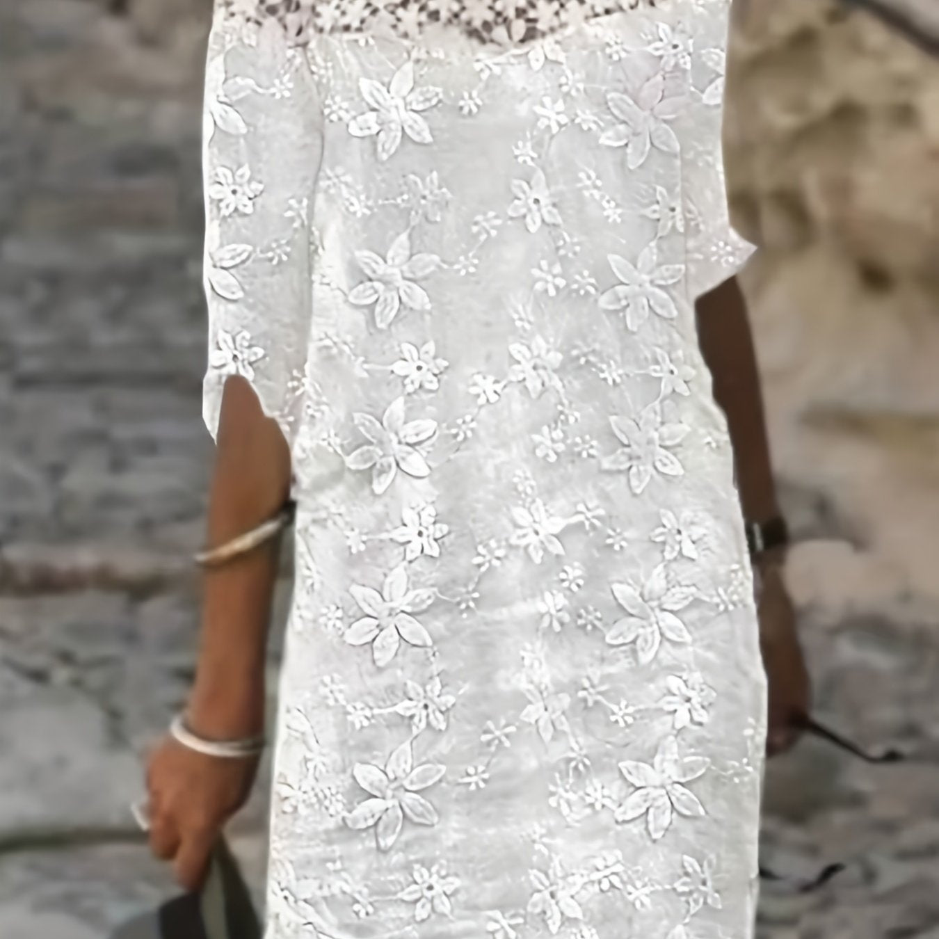  Embroidered Lace Sleeve Casual Dress