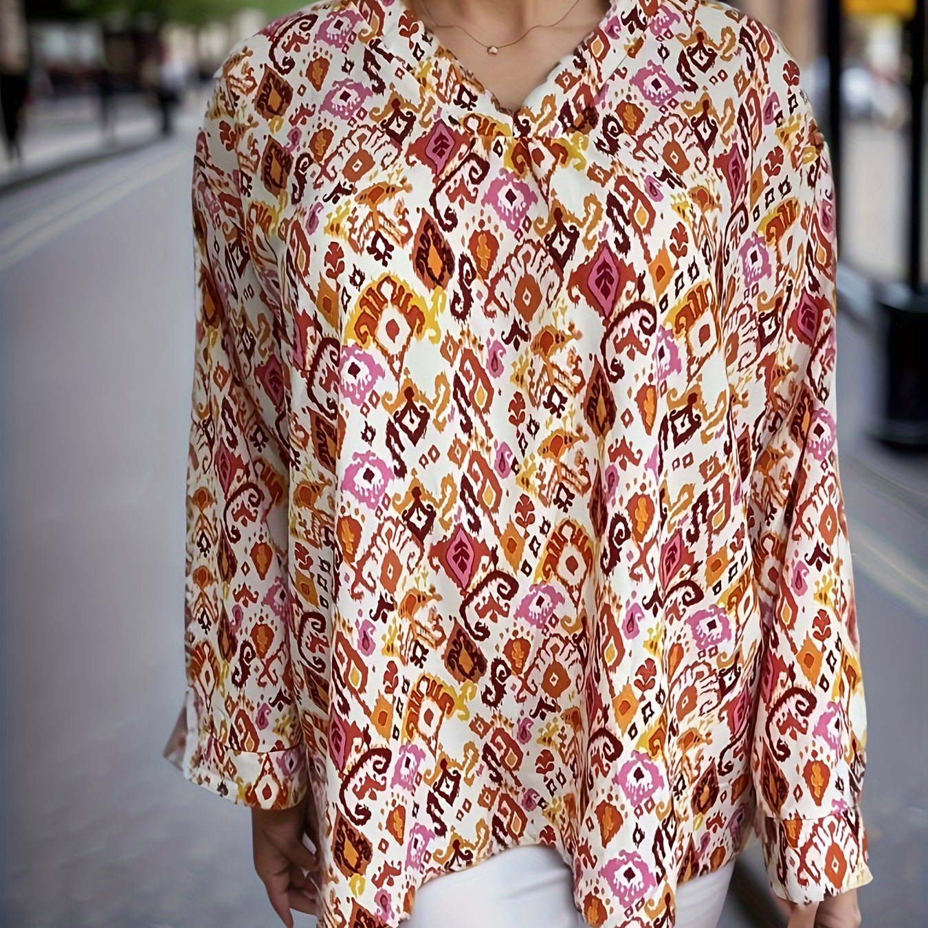  Casual Blouse Women's Plus Allover Print Long Sleeve V Neck Shirt Top