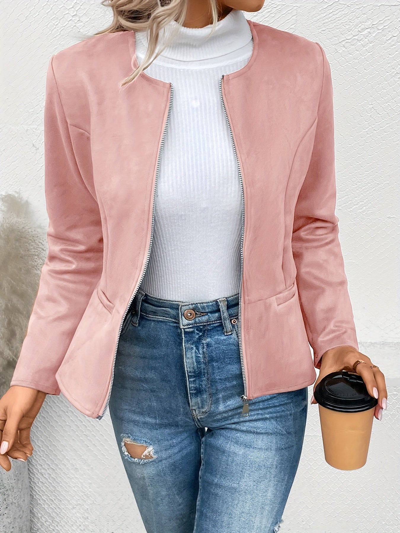 Solid Zip Up Jacket Casual Long Sleeve Crew Neck Outerwear