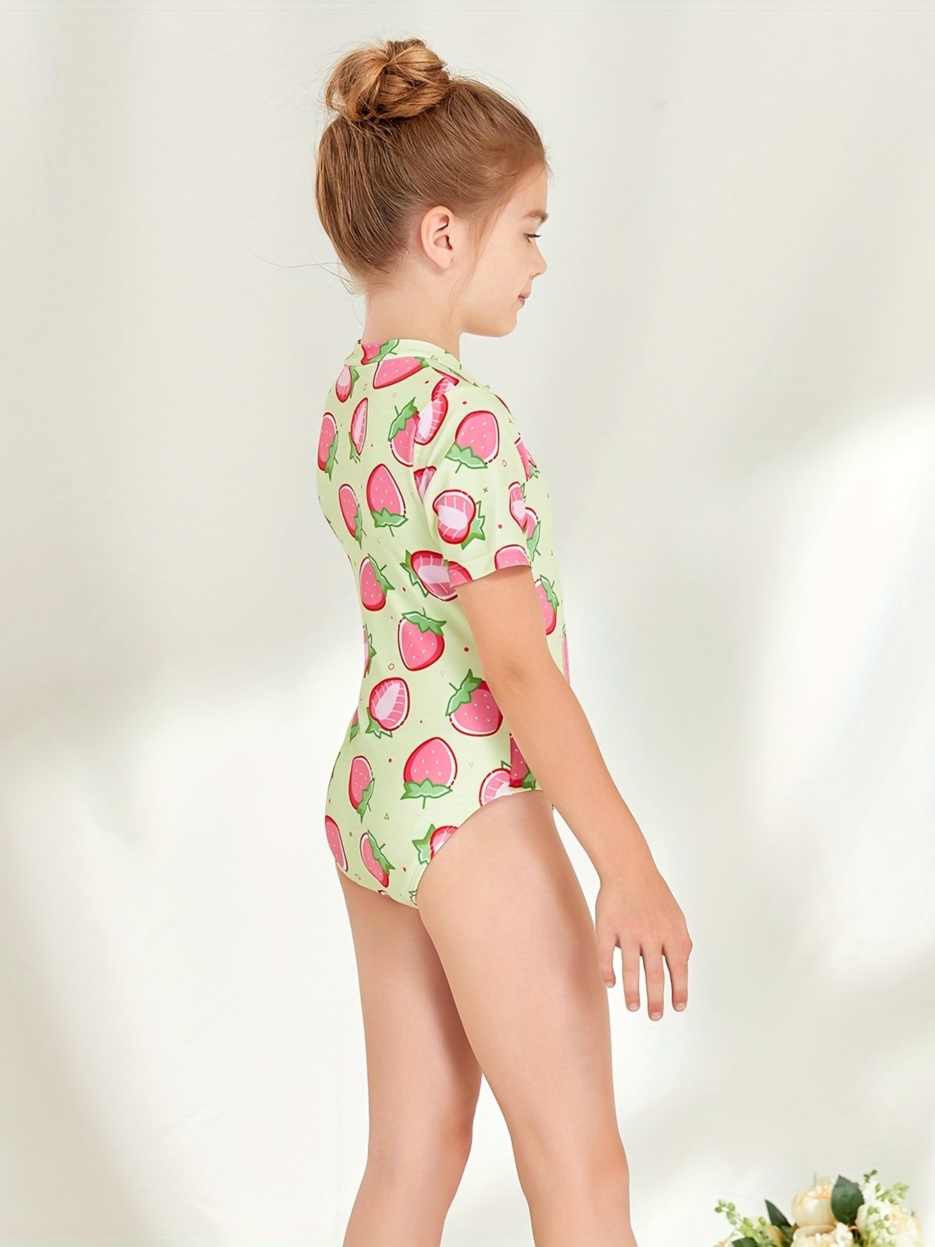 Girl's Strawberry Pattern Onesie Swimsuit Tankini Short Sleeve Bathing Suit