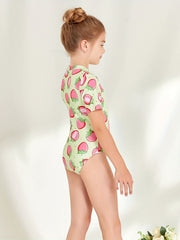 Girl's Strawberry Pattern Onesie Swimsuit Tankini Short Sleeve Bathing Suit