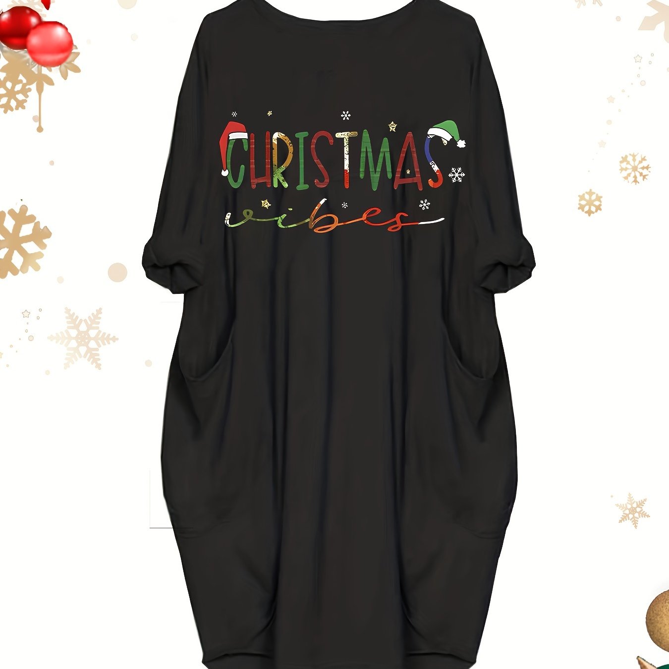  Christmas Casual Dress Women's Plus Letter Print Long Sleeve Dress