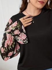  Colorblock Floral Print Lantern Sleeve Blouse