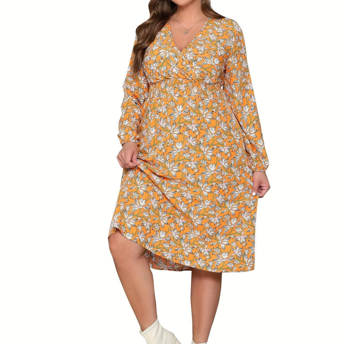  Floral Print Surplice Neck Midi Dress