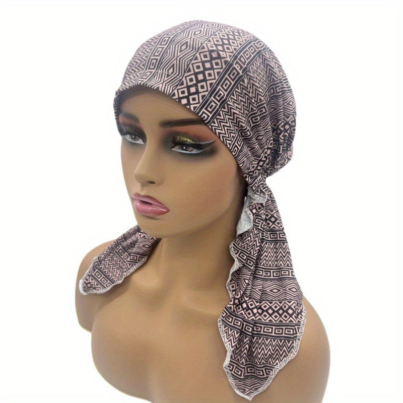 Boho Rhombus Print Head Wrap Elastic Turban Cap Lightweight Beanie