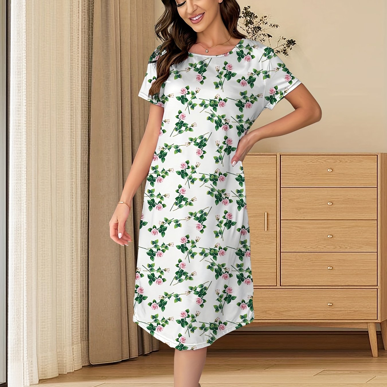 Floral Print Lounge Dress Short Sleeve Crew Neck Women's Loungewear