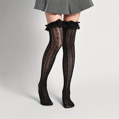 Heart Pattern Thigh High Socks Lace Trim Over The Knee Socks