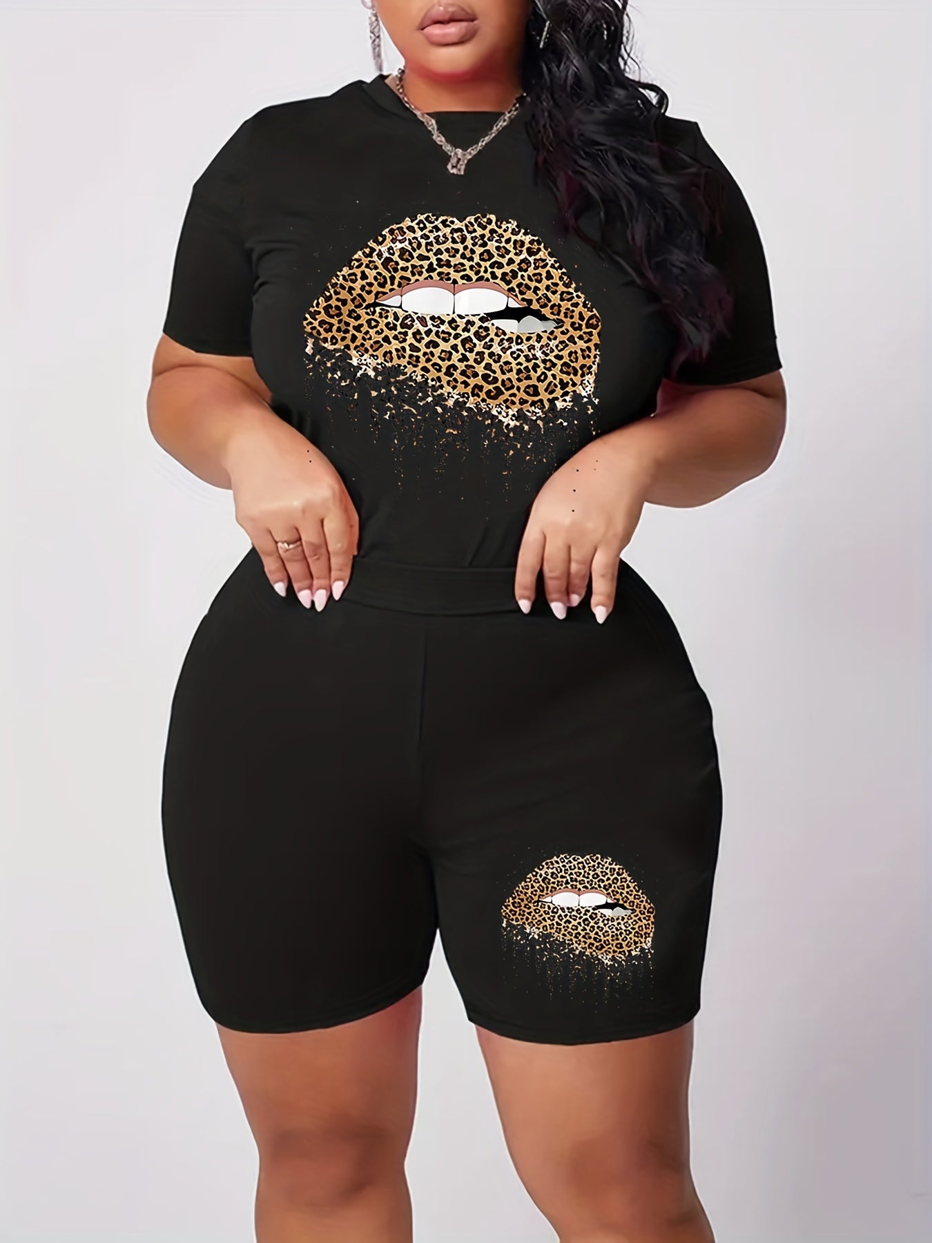  Leopard Lip Print Crop Top & Shorts Set