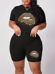  Leopard Lip Print Crop Top & Shorts Set