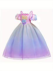 Girls Princess Dress Camisole Puff Sleeve Gradient Tulle Floral Decor
