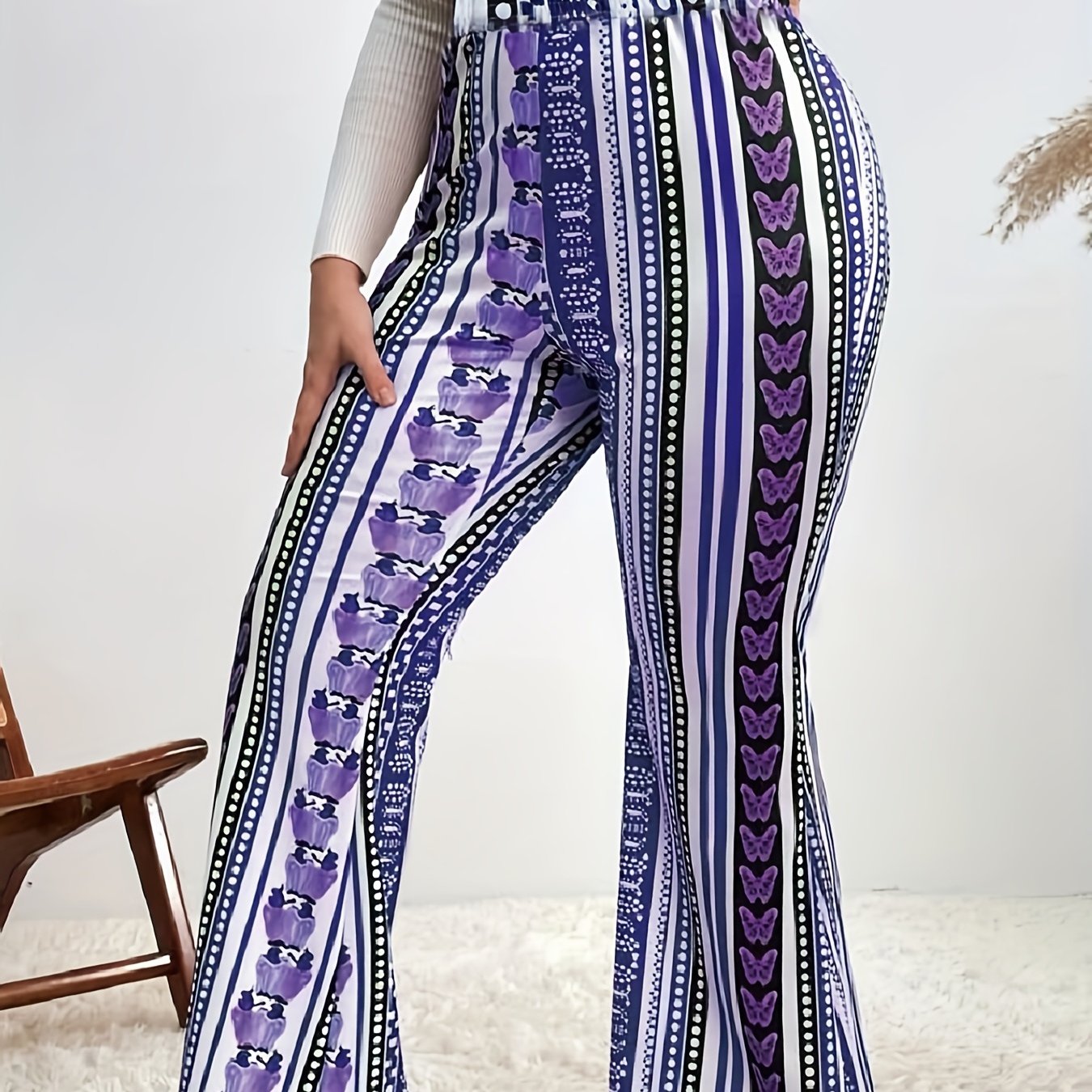 Butterfly & Dot Print High Rise Stretch Pants