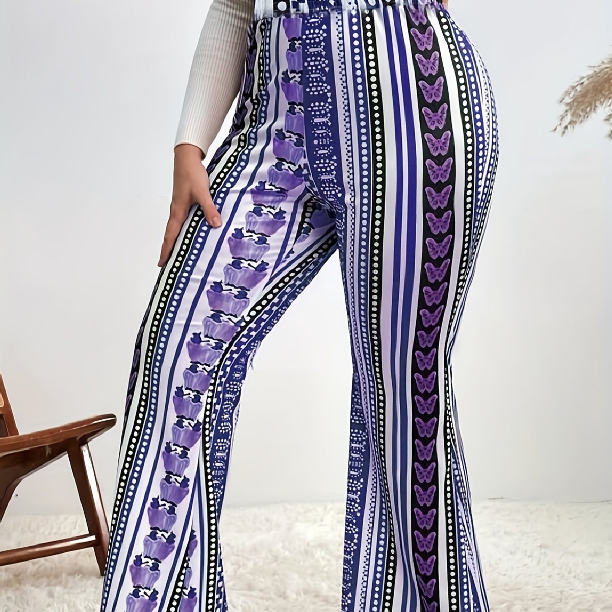  Butterfly & Dot Print High Rise Stretch Pants