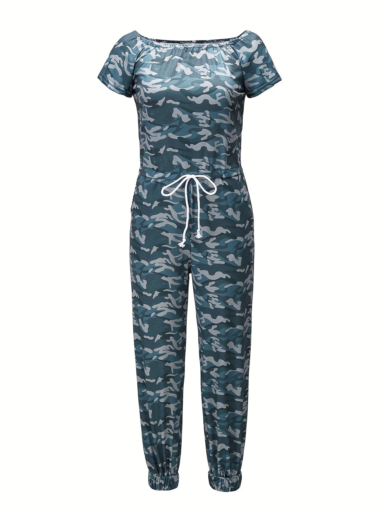 Camo Print Drawstring Jumpsuit Casual Boat Neck Short Sleeve Jumpsuit