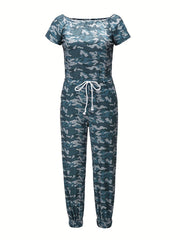 Camo Print Drawstring Jumpsuit Casual Boat Neck Short Sleeve Jumpsuit