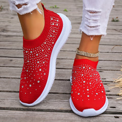 Women's Rhinestone Slip on Sneakers Breathable Low Top Shoes