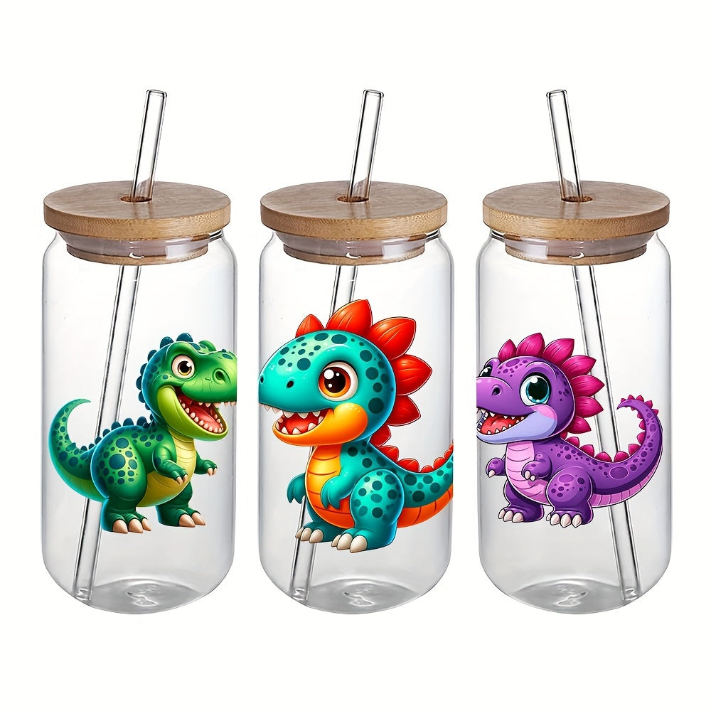 4pcs Dinosaur High UV DTF Wraps Transfer Paper for 16oz Glass Bottle