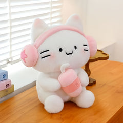 9.84in Cat Plush with Headphones Holding Drink Cup for Parties & Birthday
