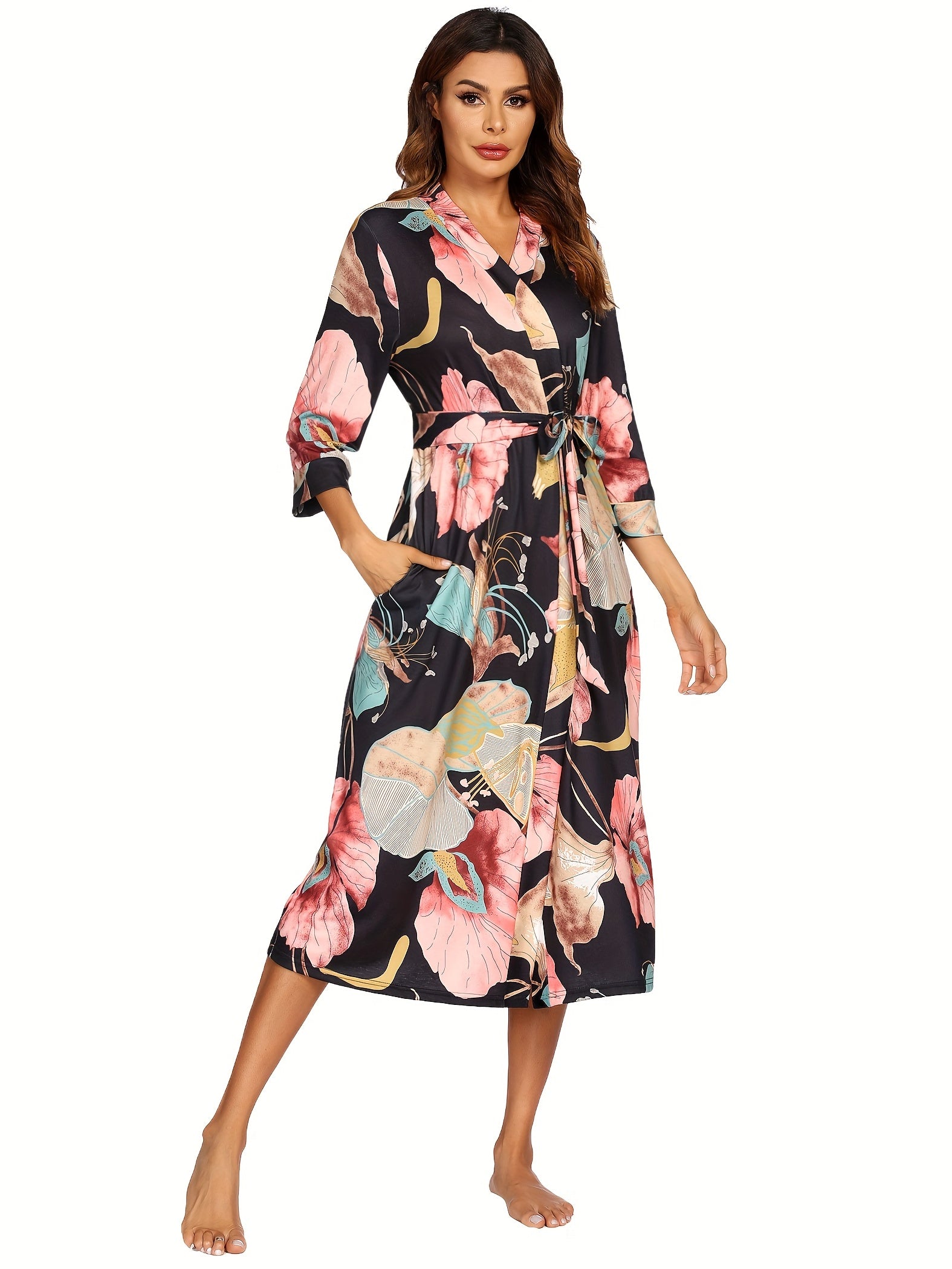 Floral Print Lounge Dress & V Neck Home Dress