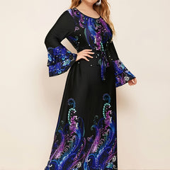 Floral Beaded Pearl Bell Sleeve Maxi Dress Plus Medium
