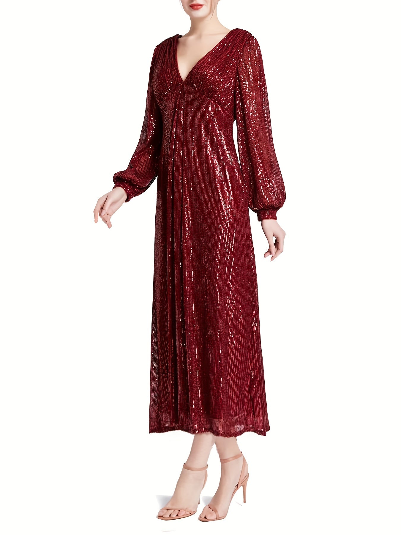 Sequined V Neck Long Sleeve Dress for Wedding Party