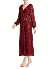 Sequined V Neck Long Sleeve Dress for Wedding Party