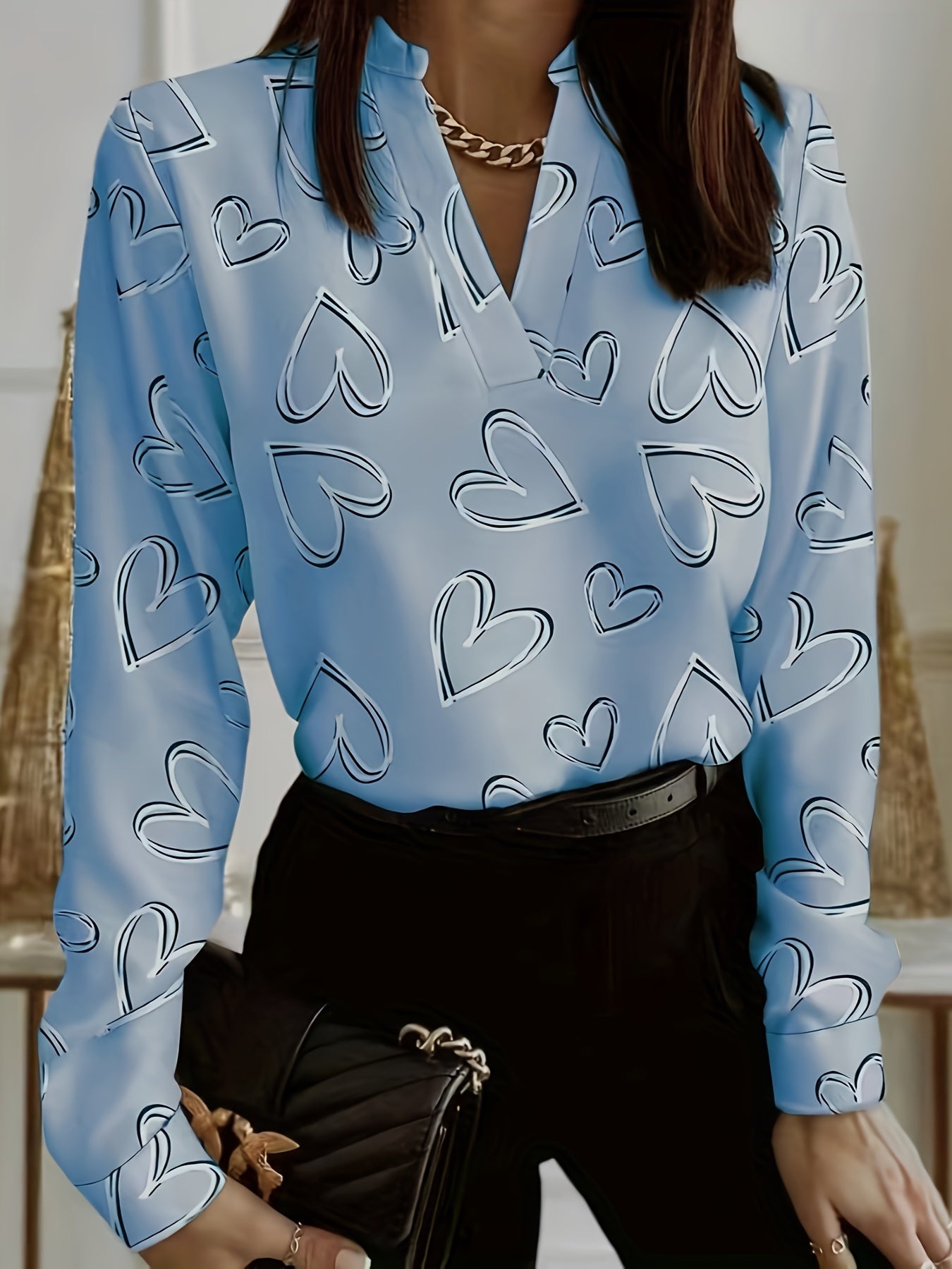 Heart Print Long Sleeve V Neck Blouse