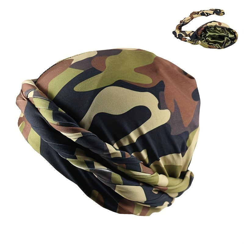 Camouflage Print Turban Cap Pre-tied Head Wrap Elastic Bonnet Lightweight Beanie