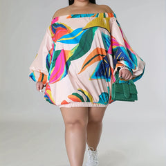  Dress Women's Plus Leaf Print Off Shoulder Long Sleeve Dress