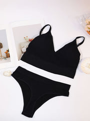 3 Sets Ribbed Bra & Panties Lingerie Set Women's Underwear